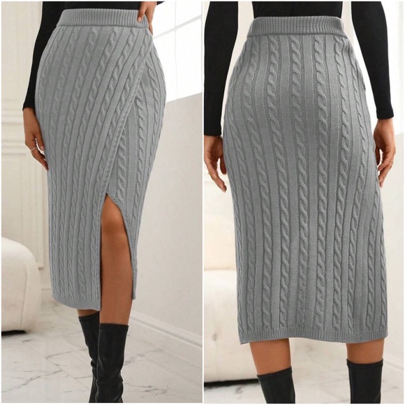 014 Cable Knit Split Thigh Ribbed Midi Skirt - Picture 2 of 8